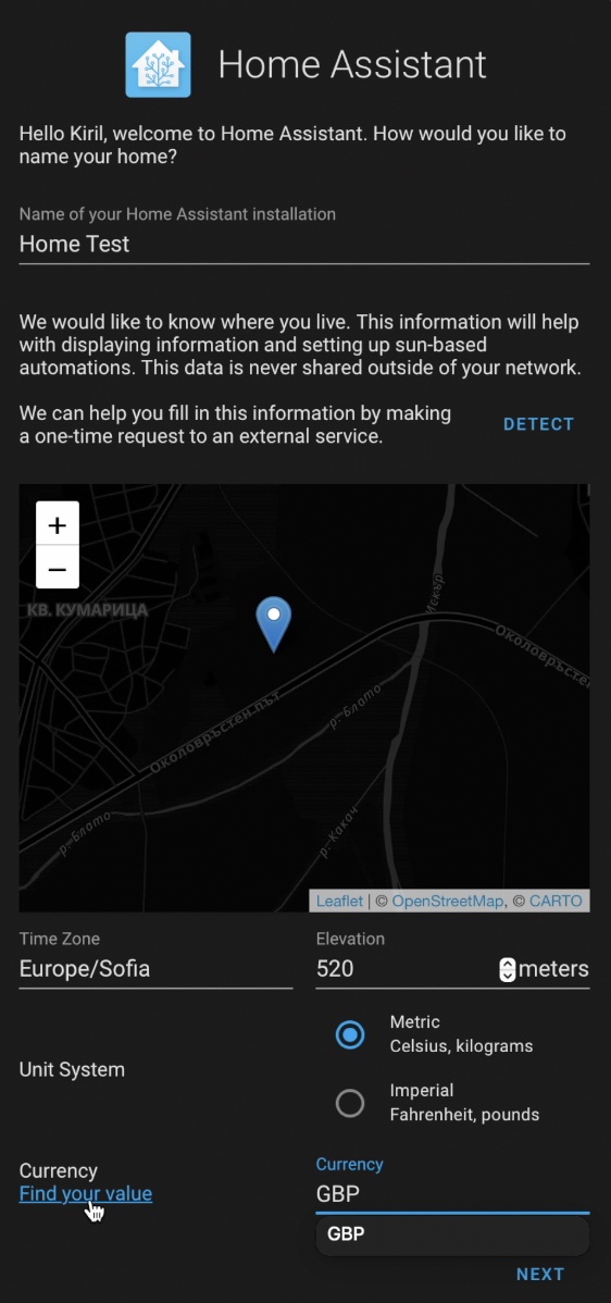 Home Assistant Onboarding - location currency elevation