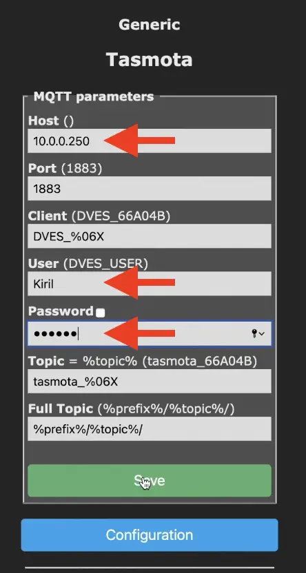 Configure MQTT settings in Tasmota