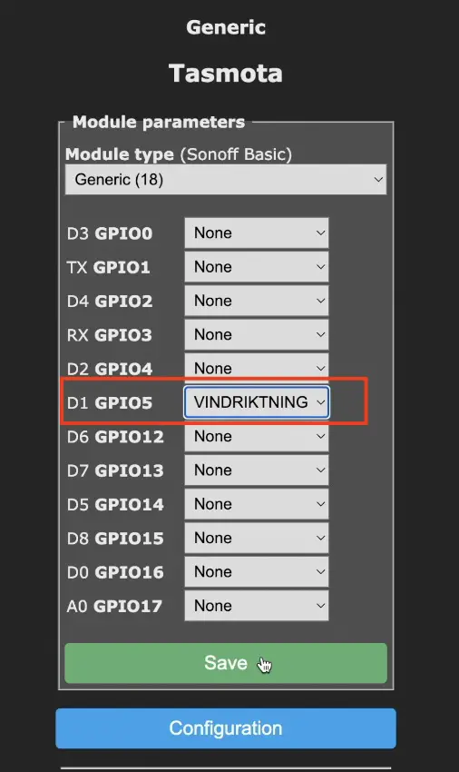 Select Vindriktning as D1 input on the D1 Mini