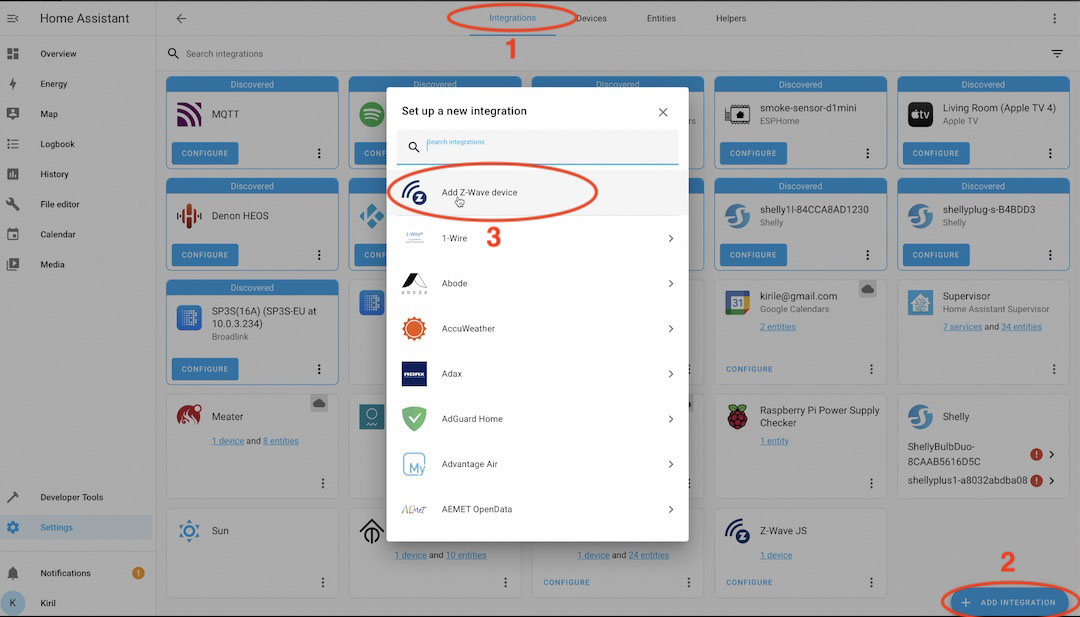 Add Z-Wave device using the Z-Wave JS integration