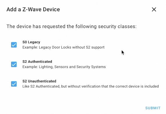 Choosing Security Classes of the Z-Wave Device