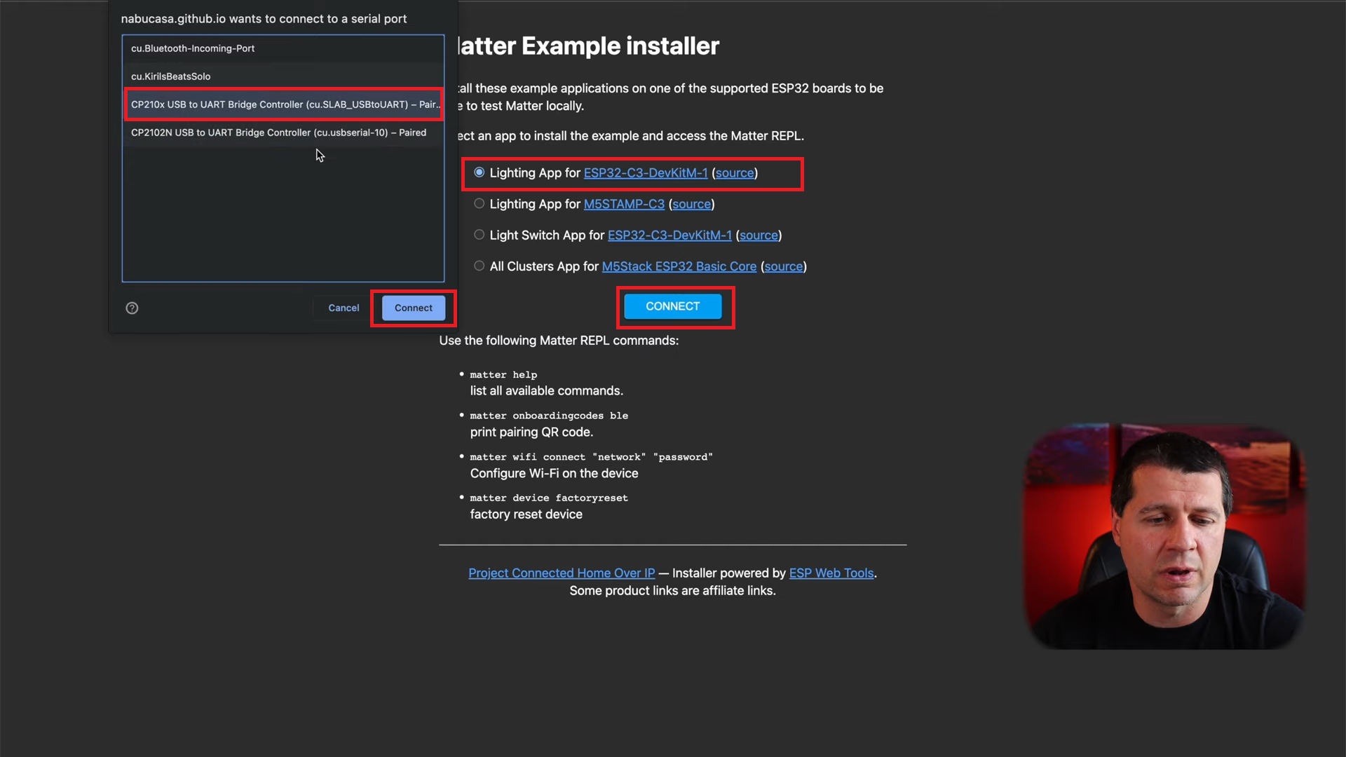 Connecting to and ESP32 device to flash the custom Matter firmware.