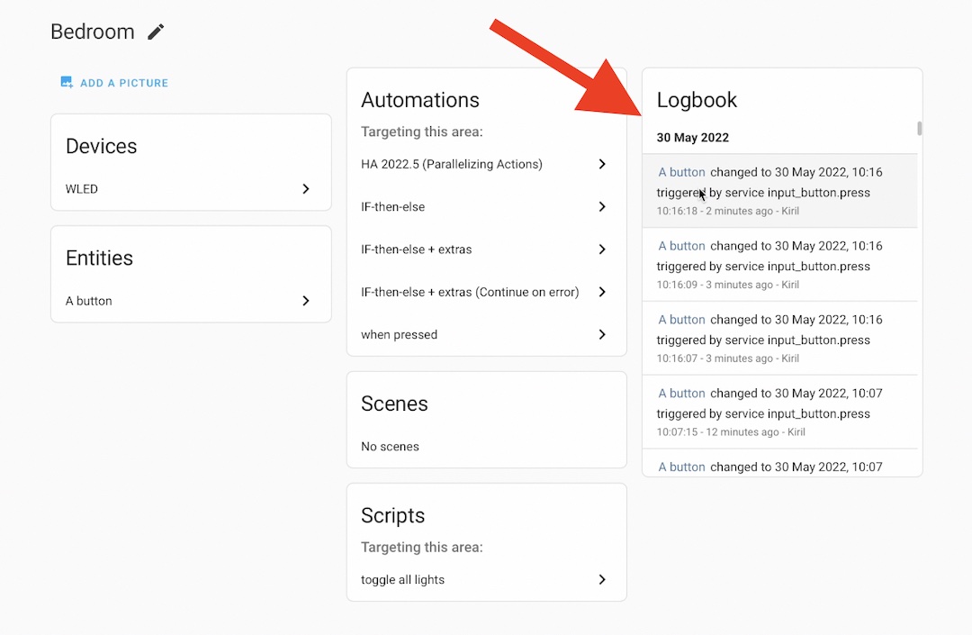 In Home Assistant 2022.6 Logbook can be seen in Areas section and not only there.