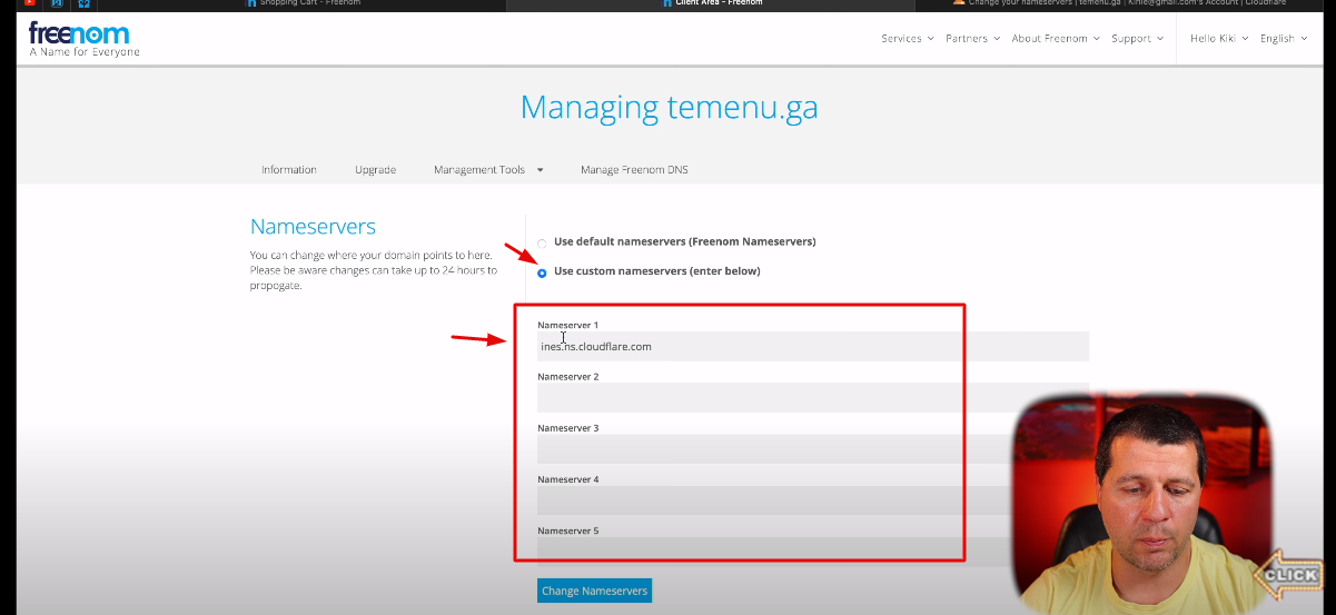 Adding the Cloudflare nameservers in my free domain is very important step for my tunnel.