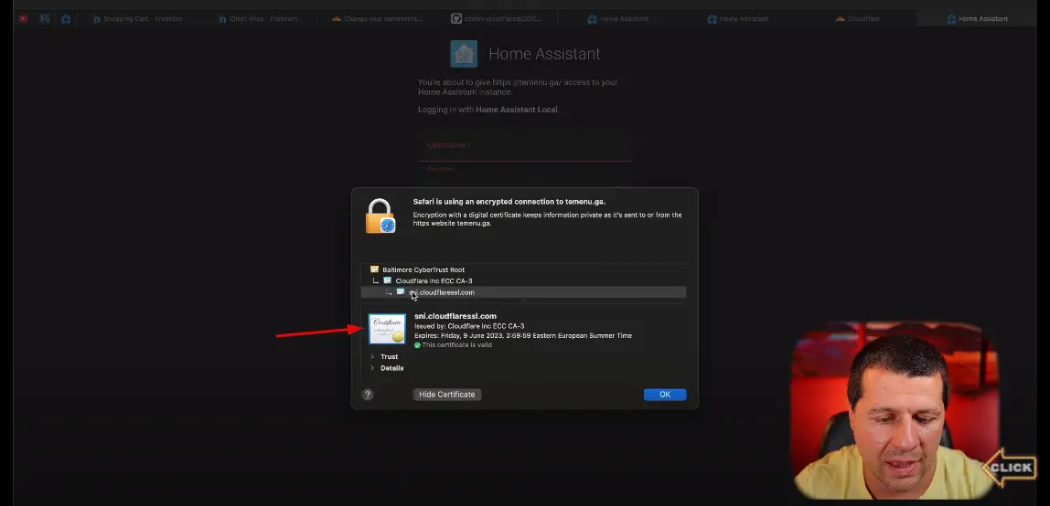 Opening the Cloduflare to Home Assistant tunnel over https secure connection. 