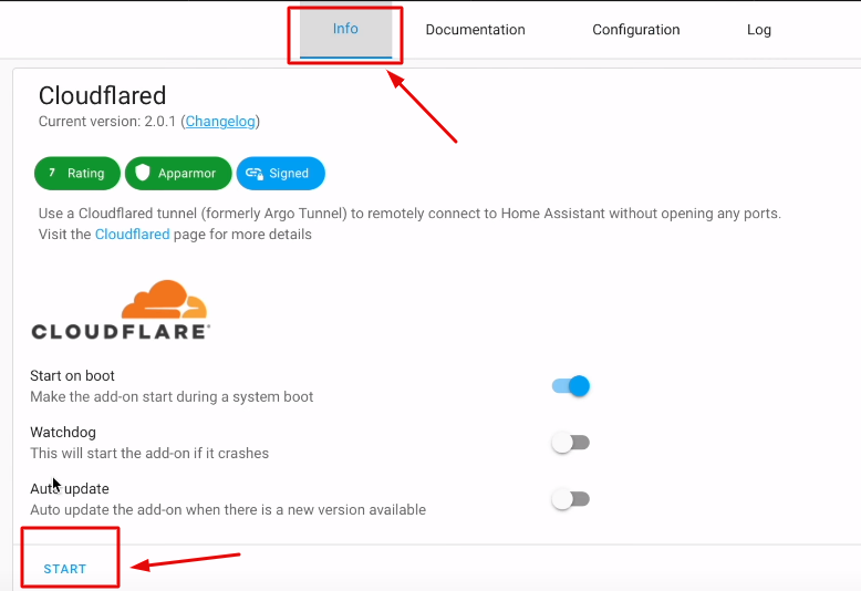 Info Tab In The Cloudflared Add-On