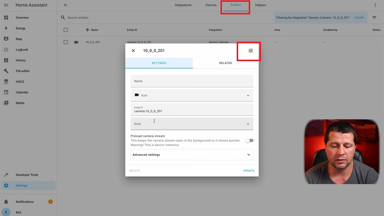 Optionally, you can change the Generic Camera Name, Icon, Entity ID and Area.