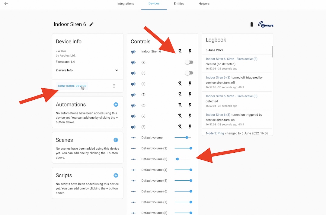 Viewing the Aeotec Siren 6 controls in Home Assistant