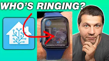 Who's ringing label on top and below home assistant logo, Apple Watch showing home assistant notification with image and Kiril Peyanski thinking.