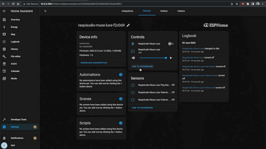 Add ESP Muse Luxe Controls to Home Assistant Dashboard