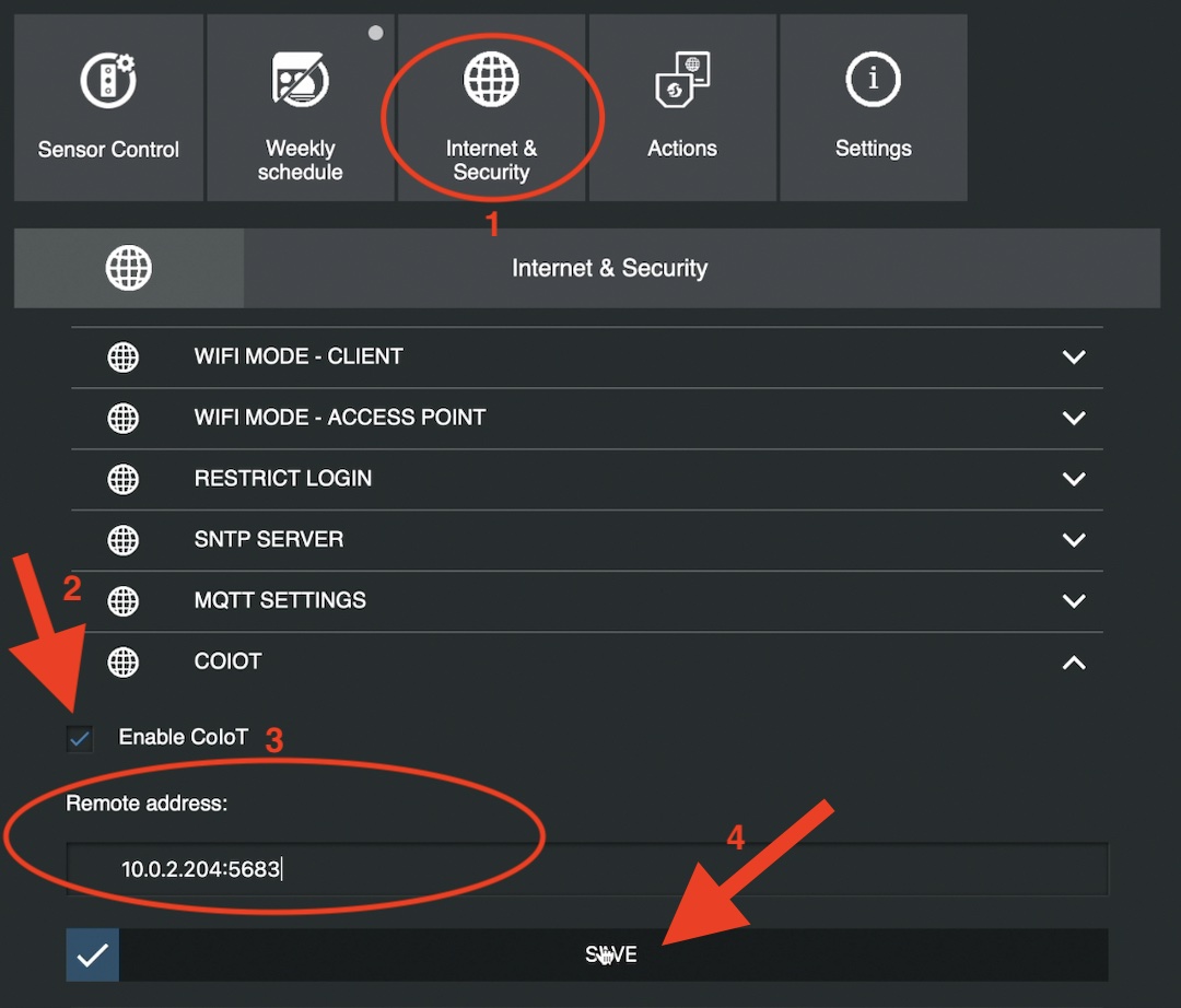 Enable COIOT from the Shelly Web Interface