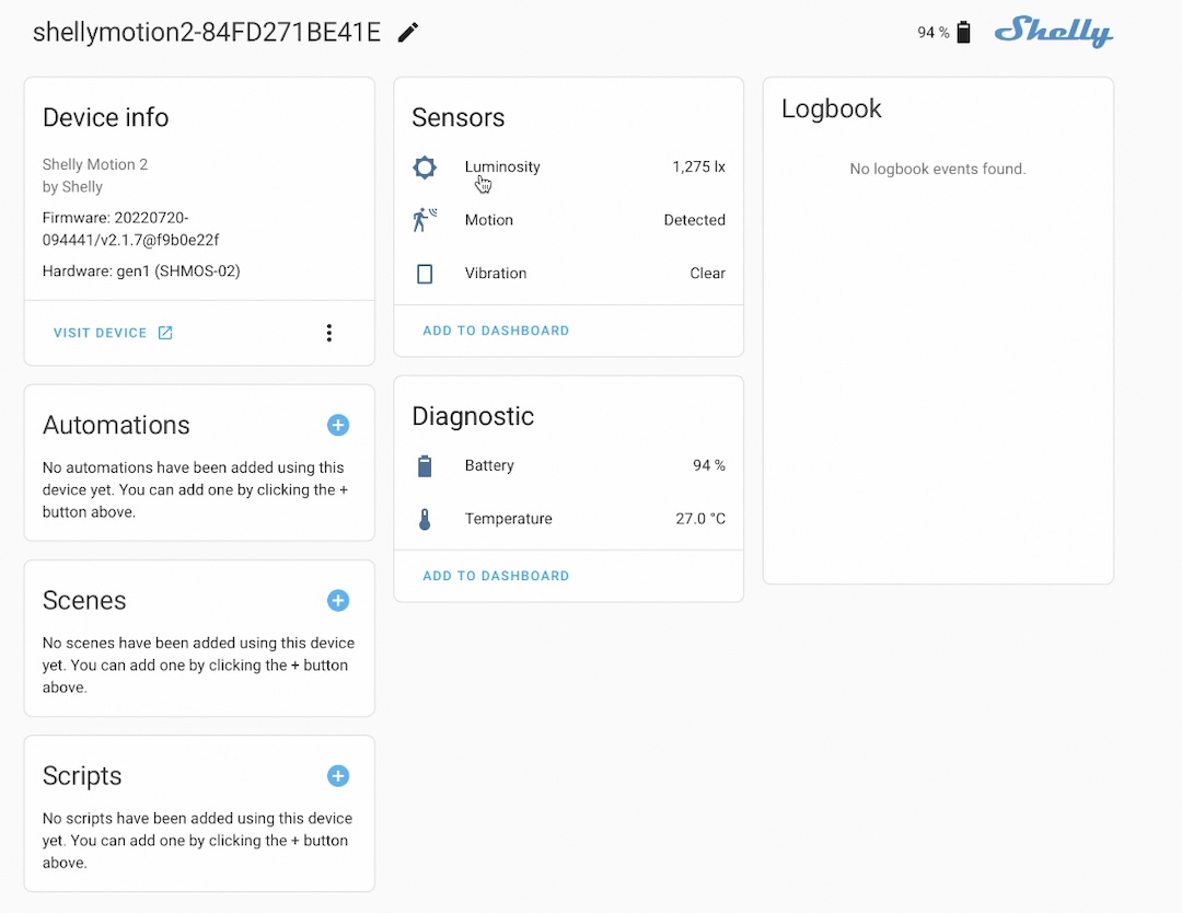 Shelly Motion 2 Device and all sensors inside Home Assistant