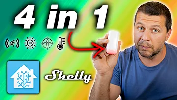 4 in 1 label and motion, brightness, accelerometer and temperature icons plus Home Assistant and Shelly Logo. Kiril Peyanski holding a Shelly Motion 2