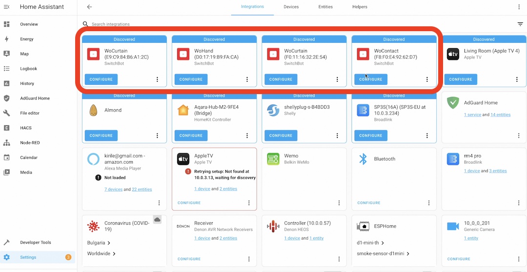 Bluetooth Integration in action. Some SwitchBot Bluetooth devices are auto-discovered.