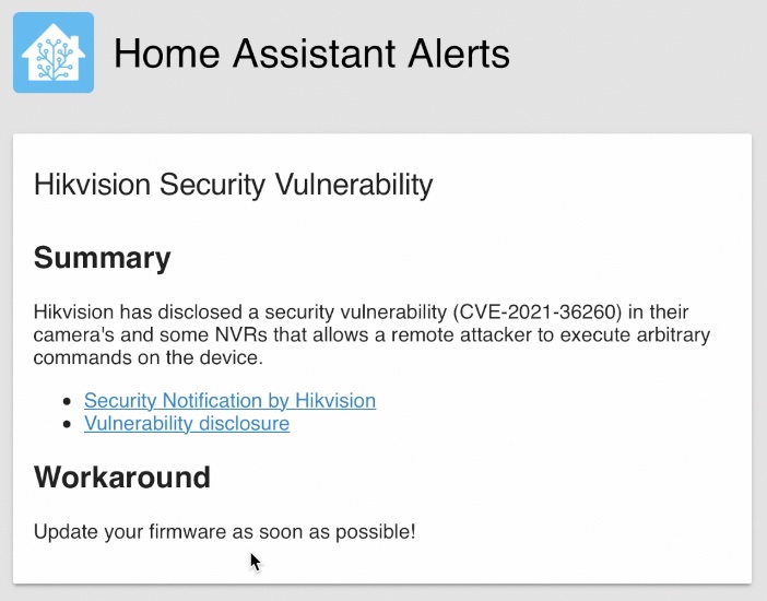 Hikvision alert in Home Assistant Alerts