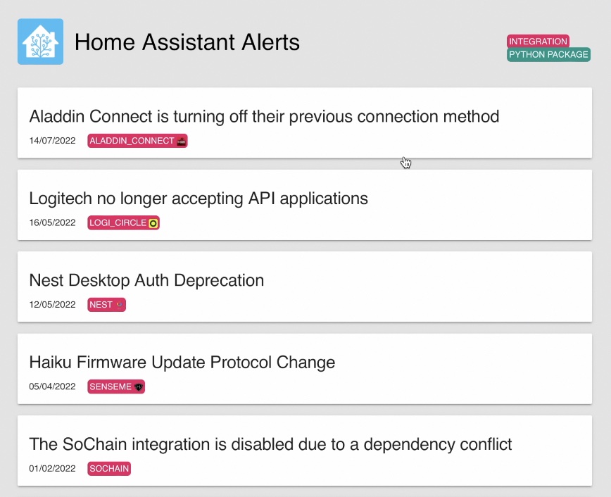 Home Assistant Alerts website