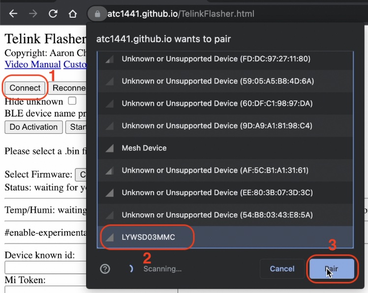 Pairing the Xiaomi TH with a browser to extract the bind key