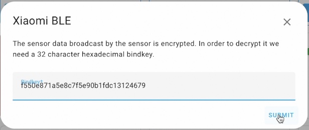 Pasting the Bind key in Home Assistant so the Bluetooth communication to be unencrypted