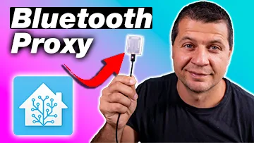 ESPHome Bluetooth Proxy label and Kiril Peyanski holding a D1 Mini ESP32 in a 3D printed case
