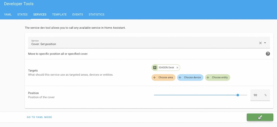 Calling set cover position in Home Assistant to move the IDASEN desk up and down