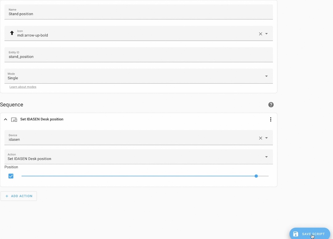 Creating a Home Assistant script that will set the IDASEN desk height to desired position