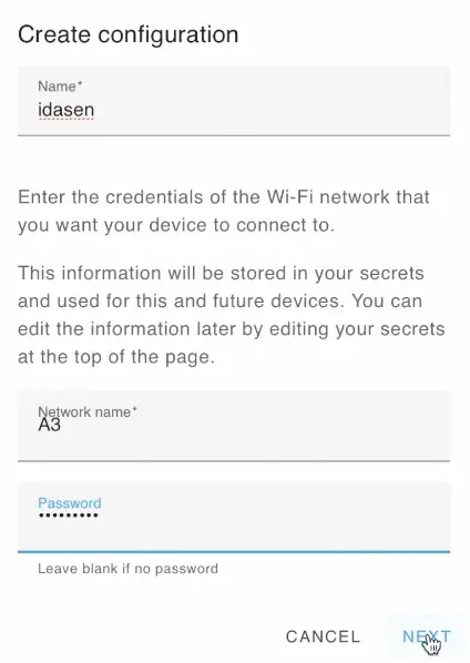 Entering the ESPHome device name and WIFI Credentials