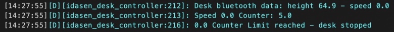 ESPHome Logs showing the current height of the IDASEN desk