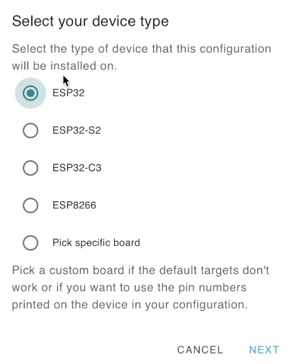 I'm selecting ESP32 device type here, but it is not really matter as I will erase everything in a minute