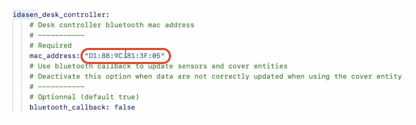This is where the IDASEN desk MAC address should be added in the ESPHome code