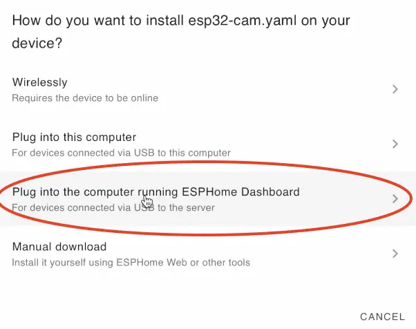 Don't forget to plug FTDI adapter and ESP32-cam into the computer running ESPHome Dashboard