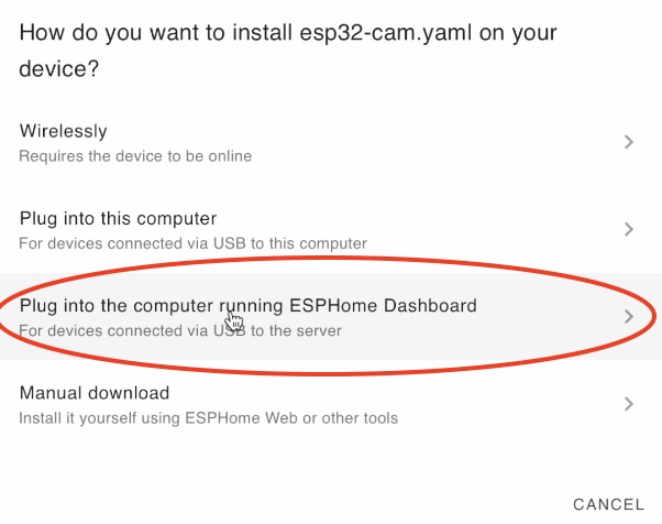 Don't forget to plug FTDI adapter and ESP32-cam into the computer running ESPHome Dashboard