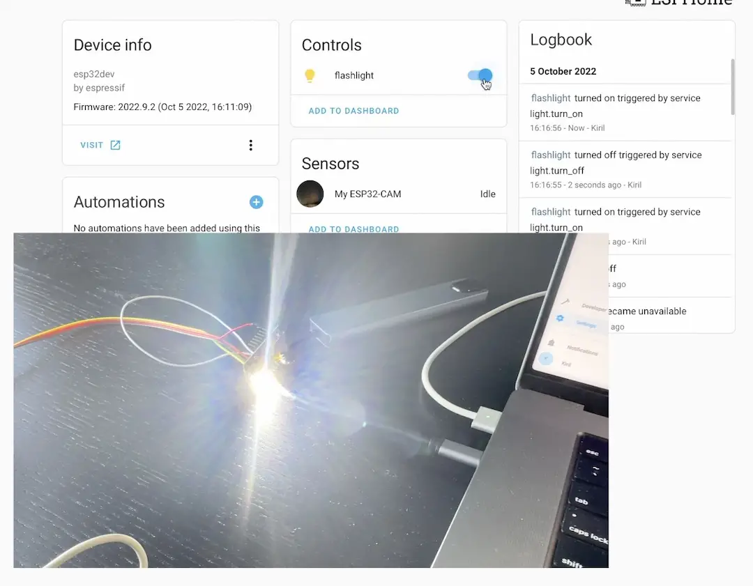the live streaming camera for Home Assistant is having a flashlight