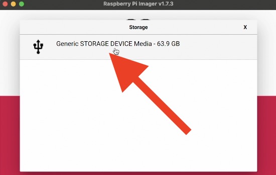 Raspberry Pi Imager selecting SD card