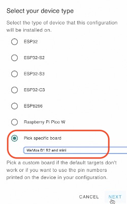 Selecting WEMos D1 R2 and mini option from the board list