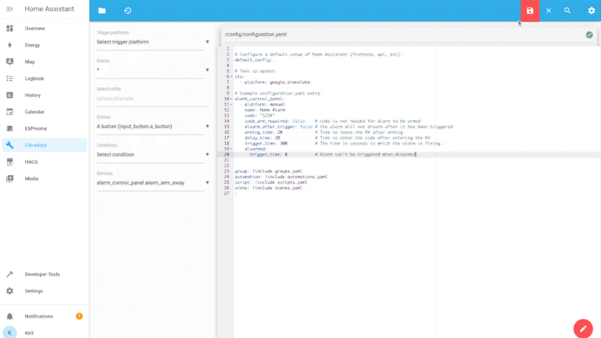 Save Changes and restart after adding the Home Assistant Alarm system in configuration.yaml