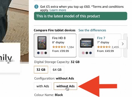 Selecting the Tablets with or without Ads is possible during the checkout