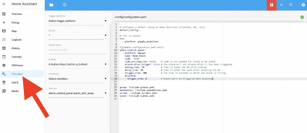 Adding the Home Assistant Alarm code in the configuration.yaml file