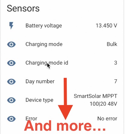 Sensors from Victron MPPT added in Home Assistant