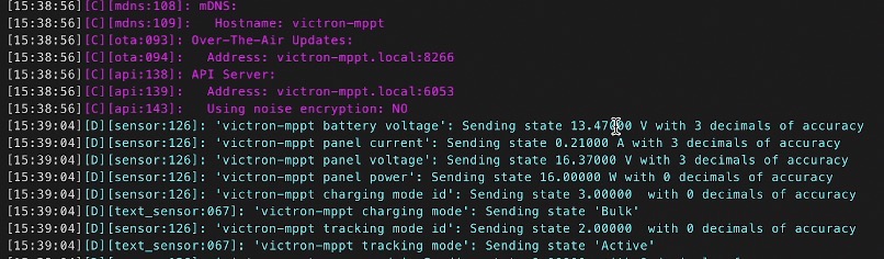 This is part of the LOGS of the Victron-mppt ESPHome device 