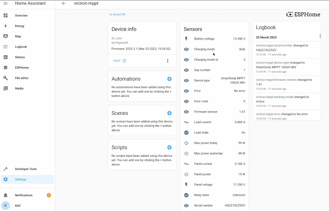 Victron MPPT devices added in Home Assistant thanks to ESPHome and D1 mini board