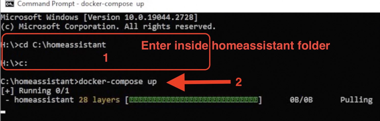 enter inside the homeassistant folder and type docker-compose up