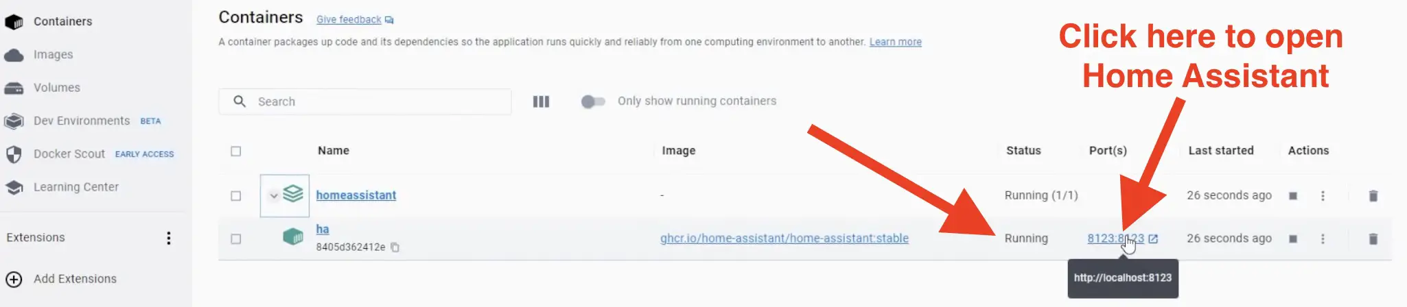 Home Assistant Docker container is running and I can open the Home Assistant Web interface.
