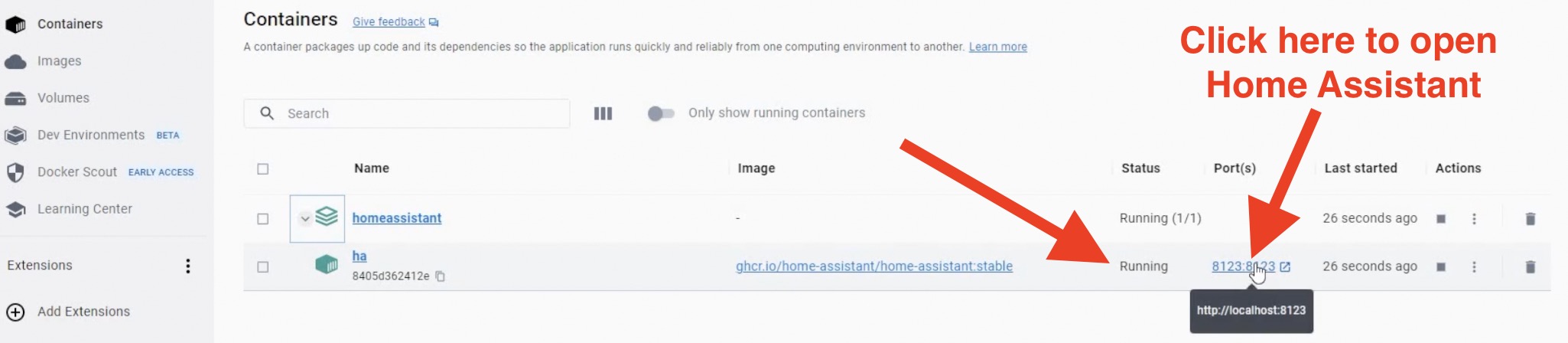 Home Assistant Docker container is running and I can open the Home Assistant Web interface.