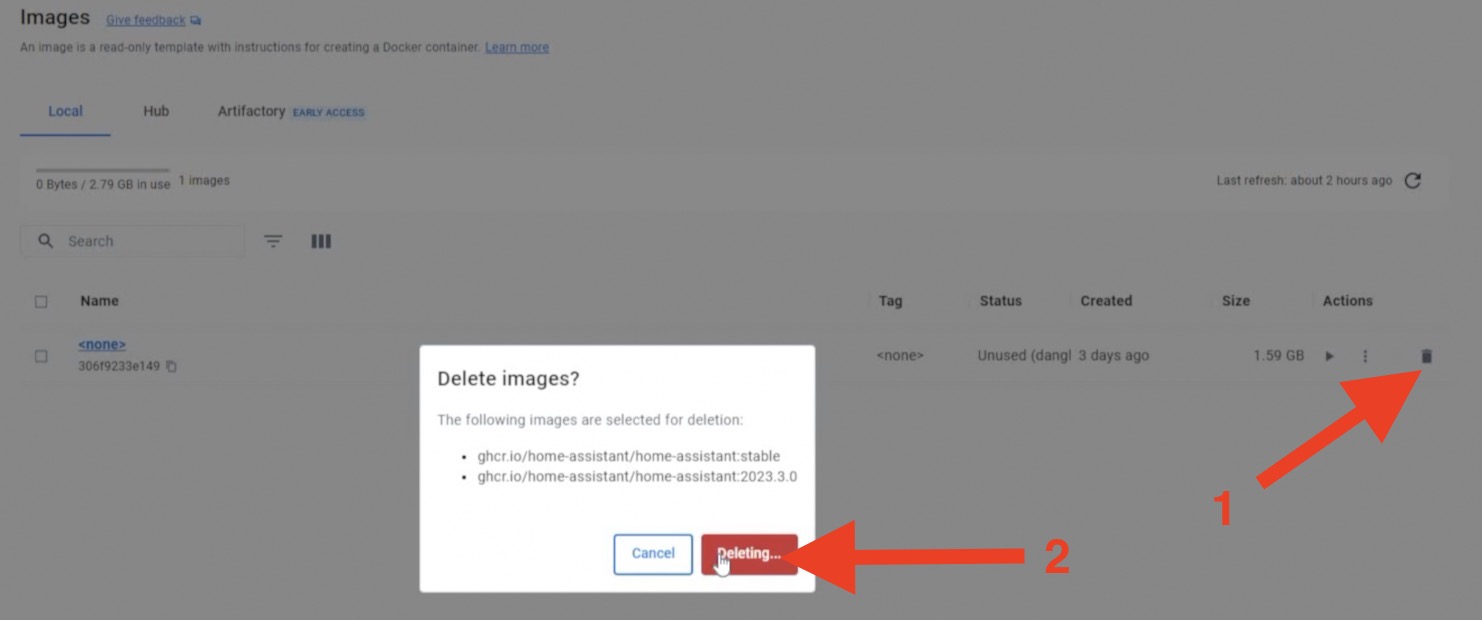 Deleting the Home Assistant image from the Docker App