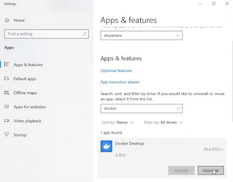 Removing Docker from Windows Programs