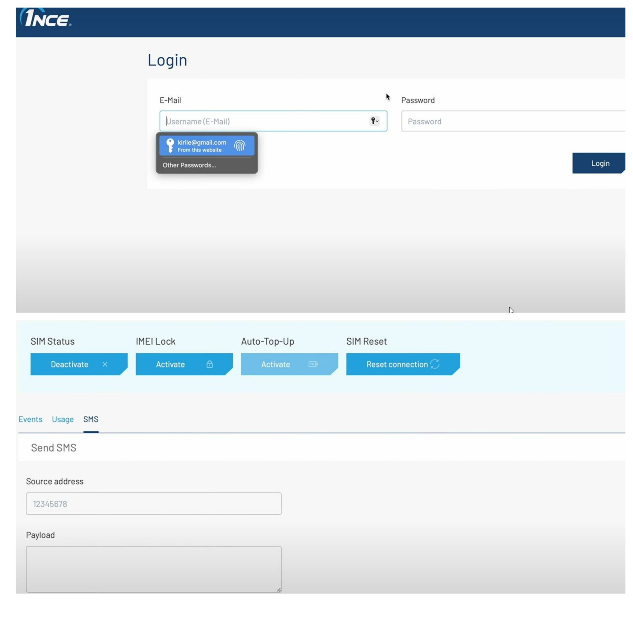 How to log in the 1nce portal and Sim card menu
