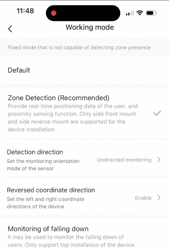 Default monitoring, Zone Detection and Monitoring of falling down are the Aqara FP2 Modes