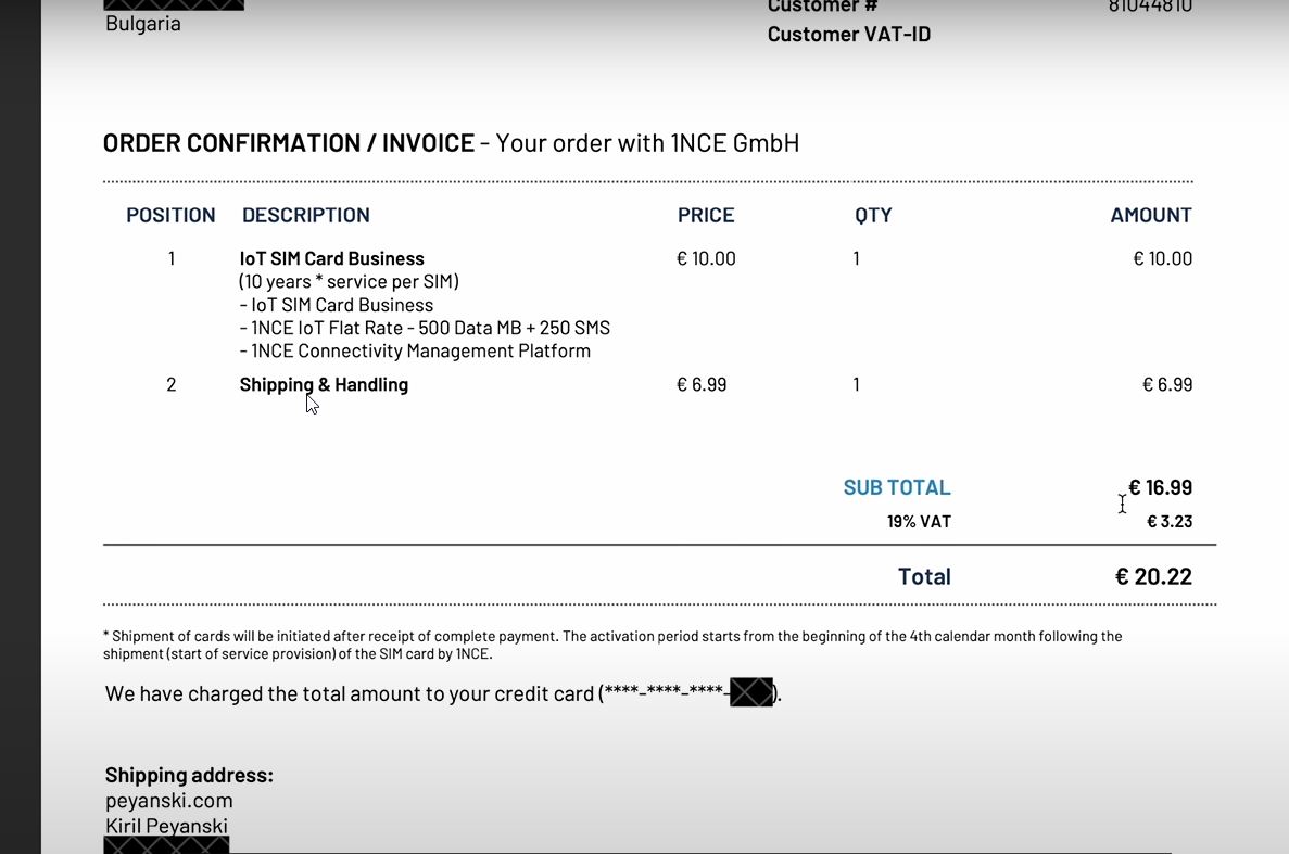 Invoice of IoT Sim Card