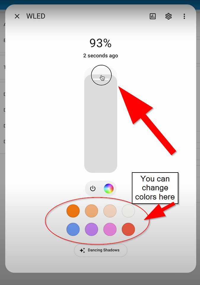 From here you can adjust the percentage of the light and change it's color
