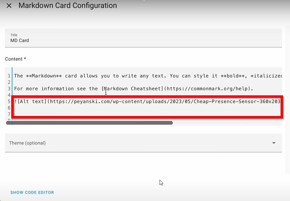 Enter my own code for Makdown card configuration